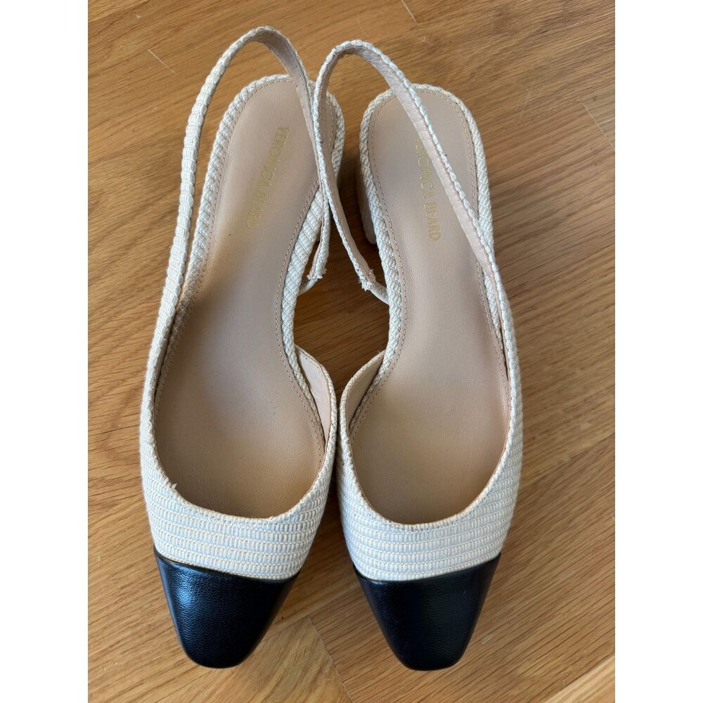 Veronica Beard Cecile Slingback Heels Black Cream Size 7 Fabric Leather - Picture 2 of 7